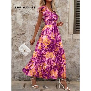 SHEIN Women’s L Classic Surplice V-Neck Maxi Dress in Dopamine Orange/Purple Flo